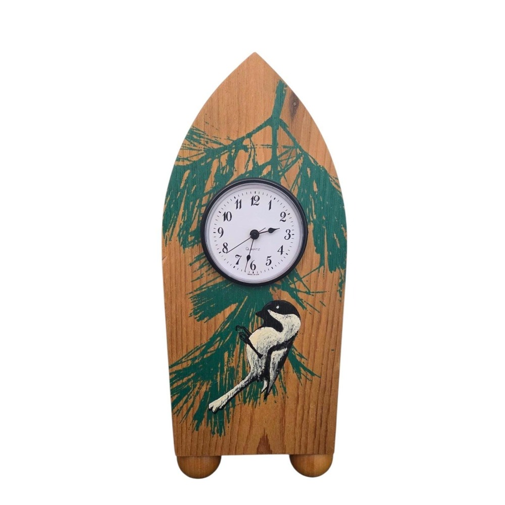 Wooden Clock Handcrafted Alan Buss‎ Chickadee Pine Bough Handcrafted Handpainted
